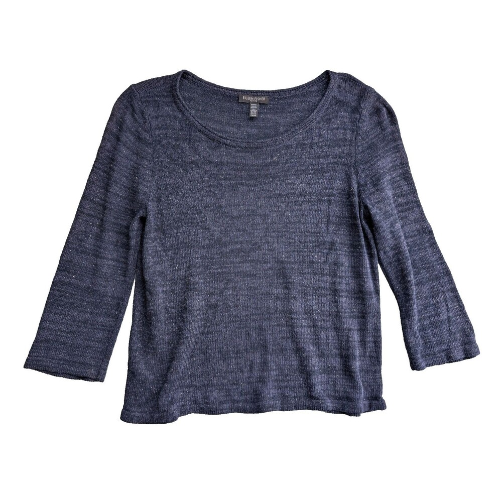 Eileen Fisher Petite PS Navy Blue Linen Blend Long Sleeve Sweater Pullover